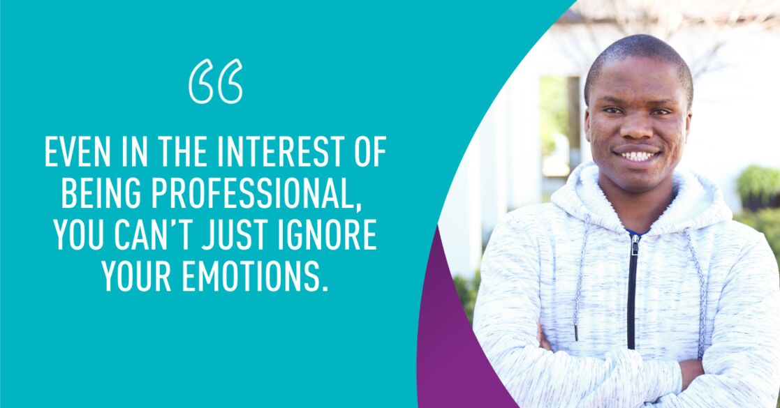Photo of Yonela smiling in a white hoodie with the quote "Even in the interest of being professional, you can’t just ignore your emotions."