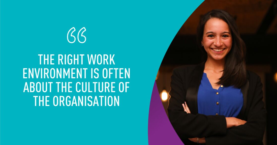 Photo of Amy smiling in a black blazer and blue top with the quote "The right work environment is often about the culture of the organisation."